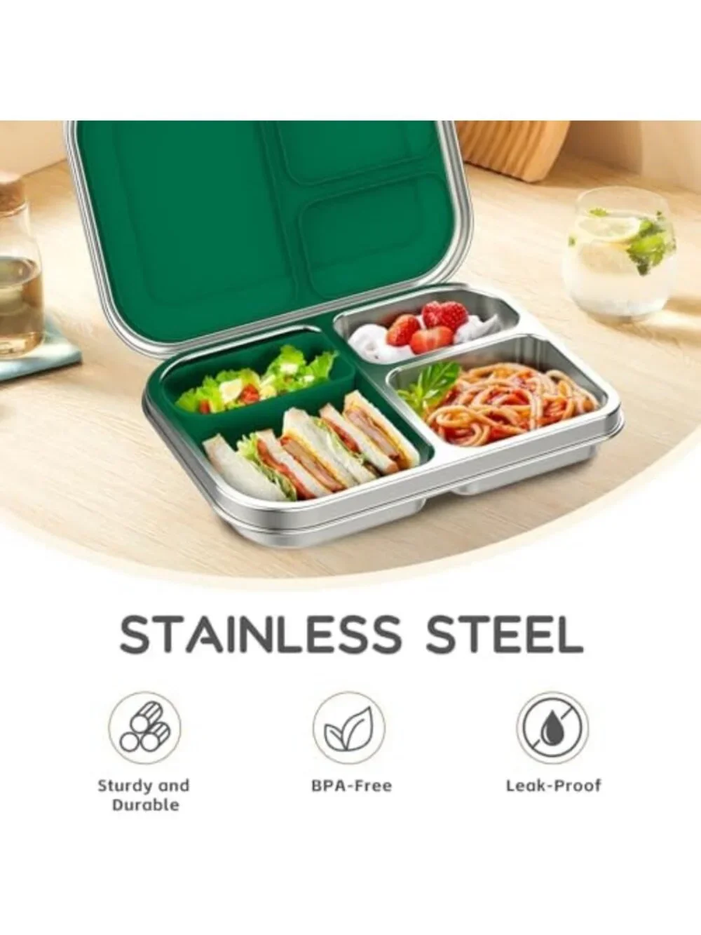 Leak-Resistant Stainless Steel Bento Lunch Box for Kids - 3 Compartments